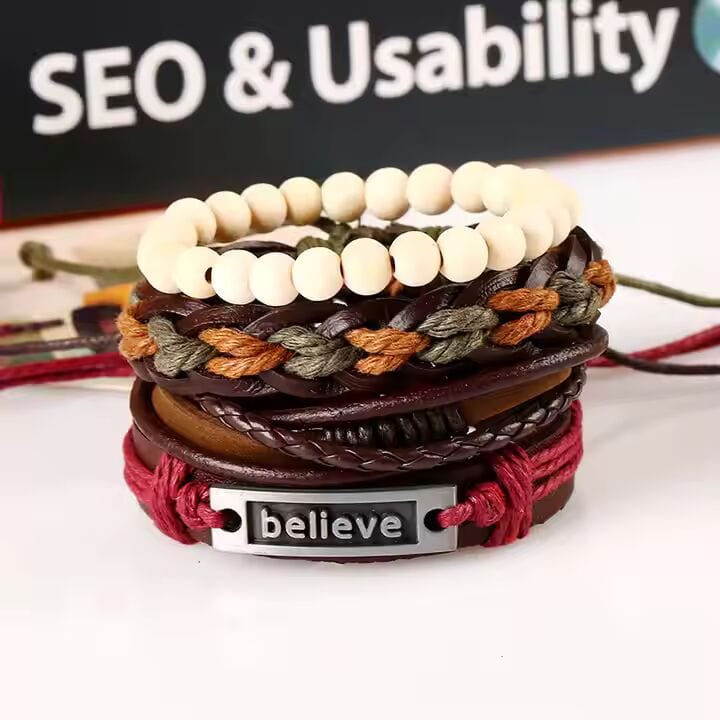THE MEN THING Leather Bracelet BELIEVE BAND - 4 Pcs Genuine Braided Leather Bracelet Set for Men & Boys (8 inch)