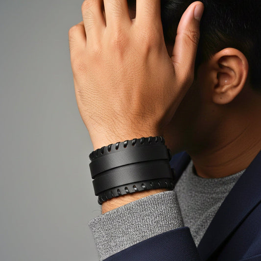 THE MEN THING Leather Bracelet BLACK VORTEX - 50.5mm Black Genuine Leather Adjustable Bracelet for Men & Boys (11 inch)