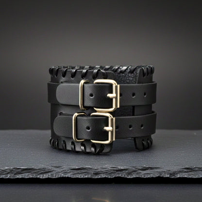 THE MEN THING Leather Bracelet BLACK VORTEX - 50.5mm Black Genuine Leather Adjustable Bracelet for Men & Boys (11 inch)