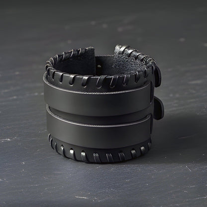 THE MEN THING Leather Bracelet BLACK VORTEX - 50.5mm Black Genuine Leather Adjustable Bracelet for Men & Boys (11 inch)