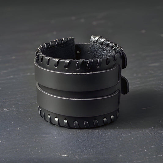 THE MEN THING Leather Bracelet BLACK VORTEX - 50.5mm Black Genuine Leather Adjustable Bracelet for Men & Boys (11 inch)