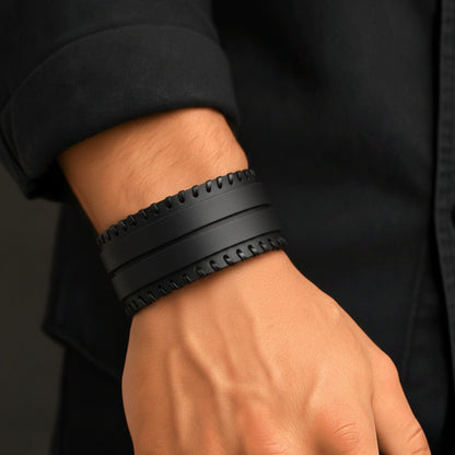 THE MEN THING Leather Bracelet BLACK VORTEX - 50.5mm Black Genuine Leather Adjustable Bracelet for Men & Boys (11 inch)