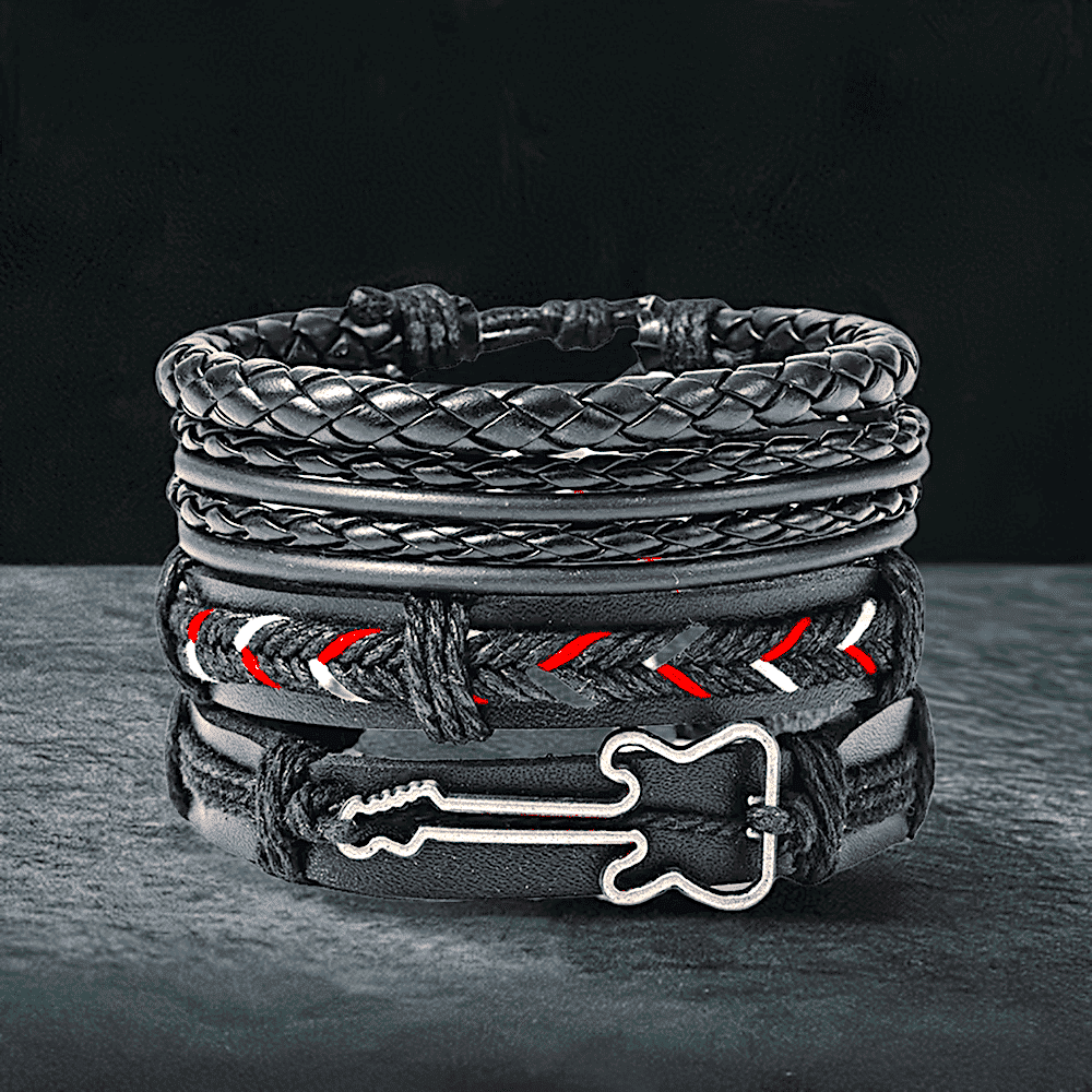 THE MEN THING Leather Bracelet BLACKFIRE KNOT - 4 Pcs Genuine Braided Leather Bracelet Set for Men & Boys (8 inch)