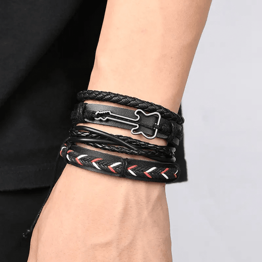 THE MEN THING Leather Bracelet BLACKFIRE KNOT - 4 Pcs Genuine Braided Leather Bracelet Set for Men & Boys (8 inch)