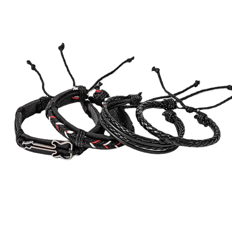 THE MEN THING Leather Bracelet BLACKFIRE KNOT - 4 Pcs Genuine Braided Leather Bracelet Set for Men & Boys (8 inch)