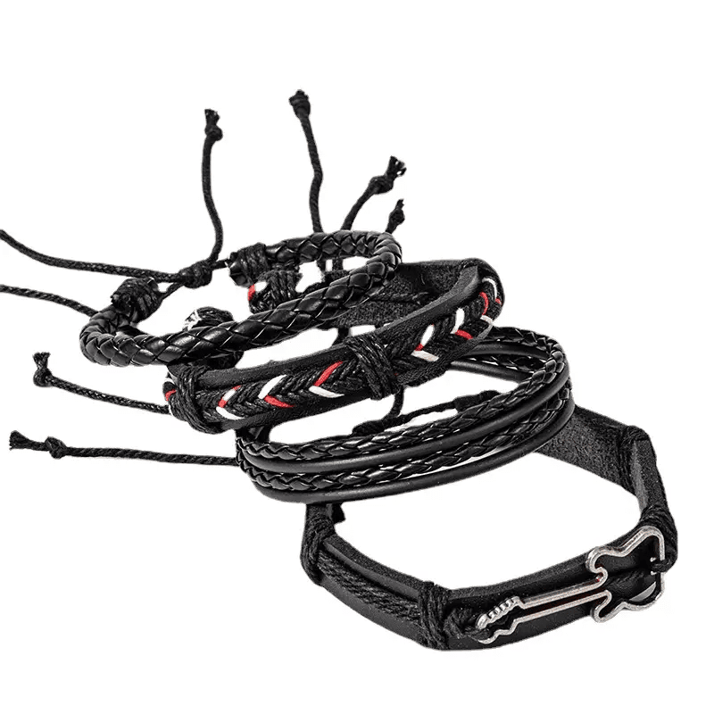 THE MEN THING Leather Bracelet BLACKFIRE KNOT - 4 Pcs Genuine Braided Leather Bracelet Set for Men & Boys (8 inch)