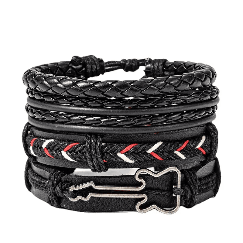 THE MEN THING Leather Bracelet BLACKFIRE KNOT - 4 Pcs Genuine Braided Leather Bracelet Set for Men & Boys (8 inch)
