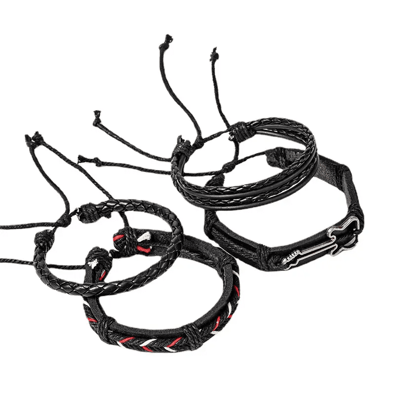 THE MEN THING Leather Bracelet BLACKFIRE KNOT - 4 Pcs Genuine Braided Leather Bracelet Set for Men & Boys (8 inch)