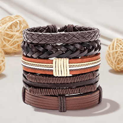 THE MEN THING Leather Bracelet BOUNDEDGE BRACELETS - 5 Pcs Genuine Braided Leather Bracelet Set for Men & Boys (8 inch)