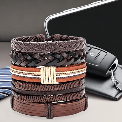 THE MEN THING Leather Bracelet BOUNDEDGE BRACELETS - 5 Pcs Genuine Braided Leather Bracelet Set for Men & Boys (8 inch)