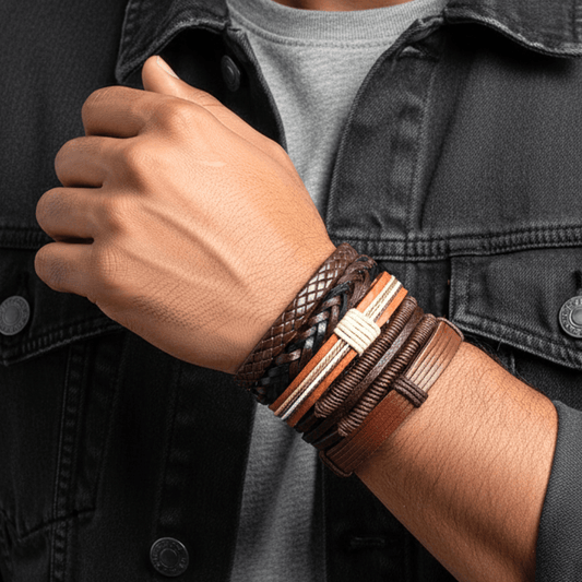 THE MEN THING Leather Bracelet BOUNDEDGE BRACELETS - 5 Pcs Genuine Braided Leather Bracelet Set for Men & Boys (8 inch)