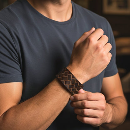 THE MEN THING Leather Bracelet BRAIDX VALOR - BROWN  - 40mm Brown Genuine Leather Bracelet for Men & Boys (9 inch)