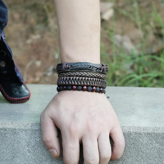 THE MEN THING Leather Bracelet BRAVEHEART CUFF - 4 colors Genuine Braided Leather Bracelet Set for Men & Boys (8 inch)