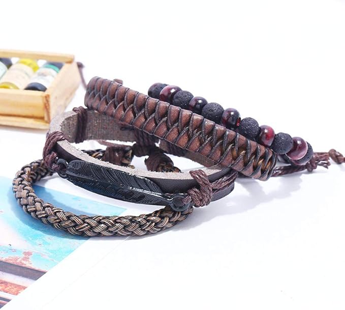 THE MEN THING Leather Bracelet BRAVEHEART CUFF - 4 colors Genuine Braided Leather Bracelet Set for Men & Boys (8 inch)
