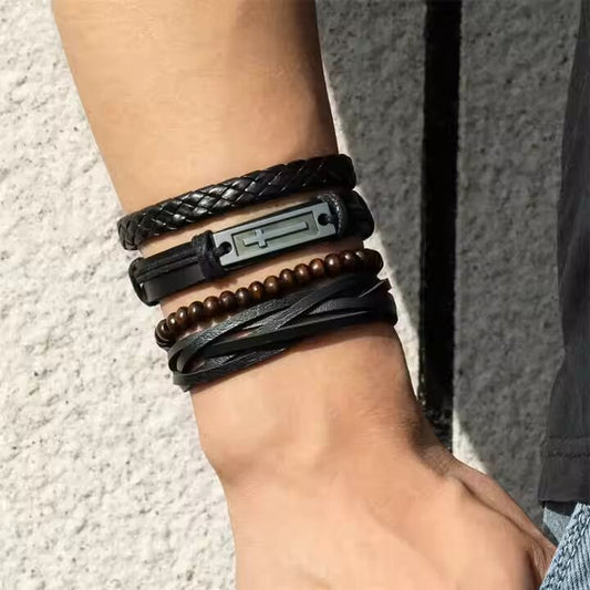 THE MEN THING Leather Bracelet BROTHERHOOD CUFF -  4 Pcs Genuine Braided Leather Bracelet Set for Men & Boys (8 inch)