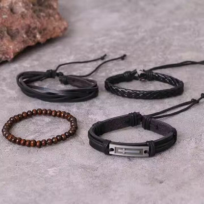 THE MEN THING Leather Bracelet BROTHERHOOD CUFF -  4 Pcs Genuine Braided Leather Bracelet Set for Men & Boys (8 inch)
