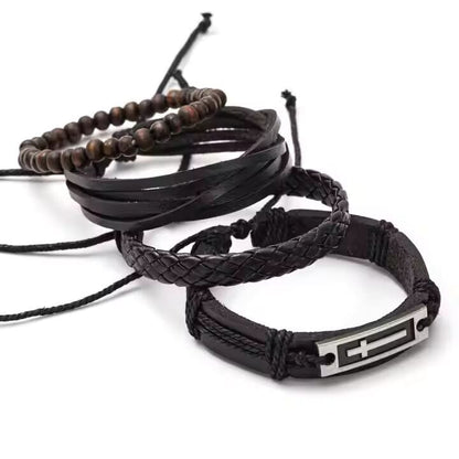 THE MEN THING Leather Bracelet BROTHERHOOD CUFF -  4 Pcs Genuine Braided Leather Bracelet Set for Men & Boys (8 inch)
