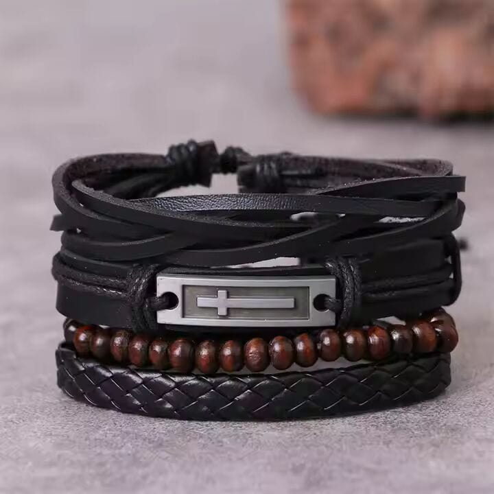 THE MEN THING Leather Bracelet BROTHERHOOD CUFF -  4 Pcs Genuine Braided Leather Bracelet Set for Men & Boys (8 inch)