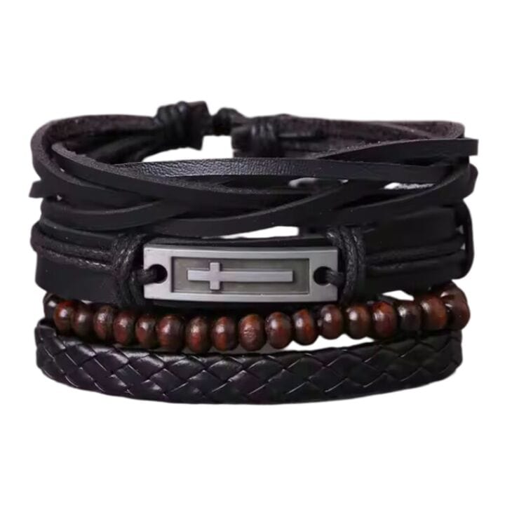THE MEN THING Leather Bracelet BROTHERHOOD CUFF -  4 Pcs Genuine Braided Leather Bracelet Set for Men & Boys (8 inch)