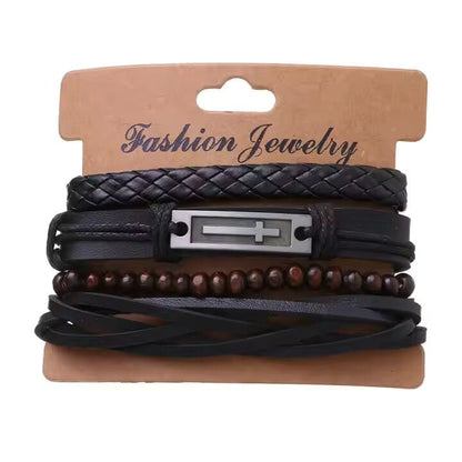 THE MEN THING Leather Bracelet BROTHERHOOD CUFF -  4 Pcs Genuine Braided Leather Bracelet Set for Men & Boys (8 inch)