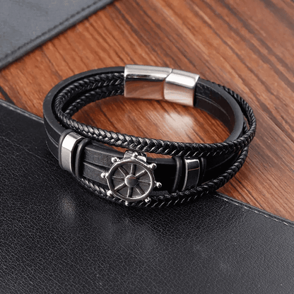 THE MEN THING Leather Bracelet CAPTAIN HELM BLACK - Genuine Leather Braided Bracelet with Stainless Steel Magnetic Buckle for Men & Boys (8 inch)