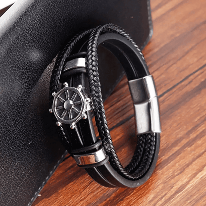 THE MEN THING Leather Bracelet CAPTAIN HELM BLACK - Genuine Leather Braided Bracelet with Stainless Steel Magnetic Buckle for Men & Boys (8 inch)