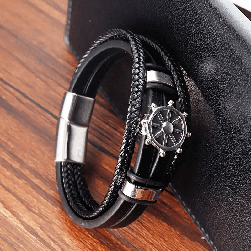 THE MEN THING Leather Bracelet CAPTAIN HELM BLACK - Genuine Leather Braided Bracelet with Stainless Steel Magnetic Buckle for Men & Boys (8 inch)