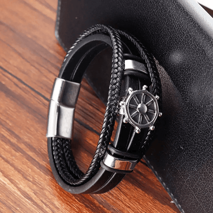 THE MEN THING Leather Bracelet CAPTAIN HELM BLACK - Genuine Leather Braided Bracelet with Stainless Steel Magnetic Buckle for Men & Boys (8 inch)