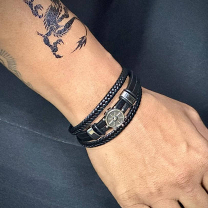 THE MEN THING Leather Bracelet CAPTAIN HELM BLACK - Genuine Leather Braided Bracelet with Stainless Steel Magnetic Buckle for Men & Boys (8 inch)