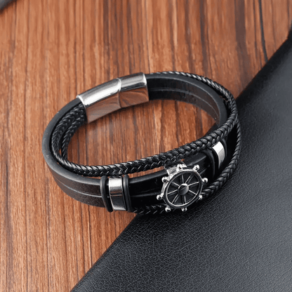 THE MEN THING Leather Bracelet CAPTAIN HELM BLACK - Genuine Leather Braided Bracelet with Stainless Steel Magnetic Buckle for Men & Boys (8 inch)
