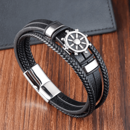 THE MEN THING Leather Bracelet CAPTAIN HELM BLACK - Genuine Leather Braided Bracelet with Stainless Steel Magnetic Buckle for Men & Boys (8 inch)