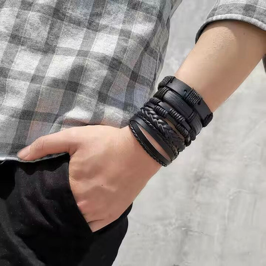 THE MEN THING Leather Bracelet DARK ALPHA -  5 Pcs Genuine Braided Leather Bracelet Set for Men & Boys (8 inch)