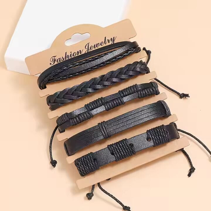 THE MEN THING Leather Bracelet DARK ALPHA -  5 Pcs Genuine Braided Leather Bracelet Set for Men & Boys (8 inch)