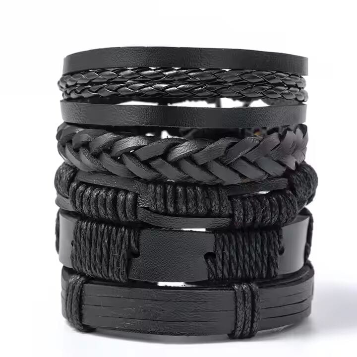 THE MEN THING Leather Bracelet DARK ALPHA -  5 Pcs Genuine Braided Leather Bracelet Set for Men & Boys (8 inch)