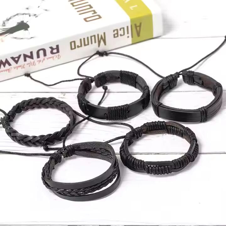 THE MEN THING Leather Bracelet DARK ALPHA -  5 Pcs Genuine Braided Leather Bracelet Set for Men & Boys (8 inch)