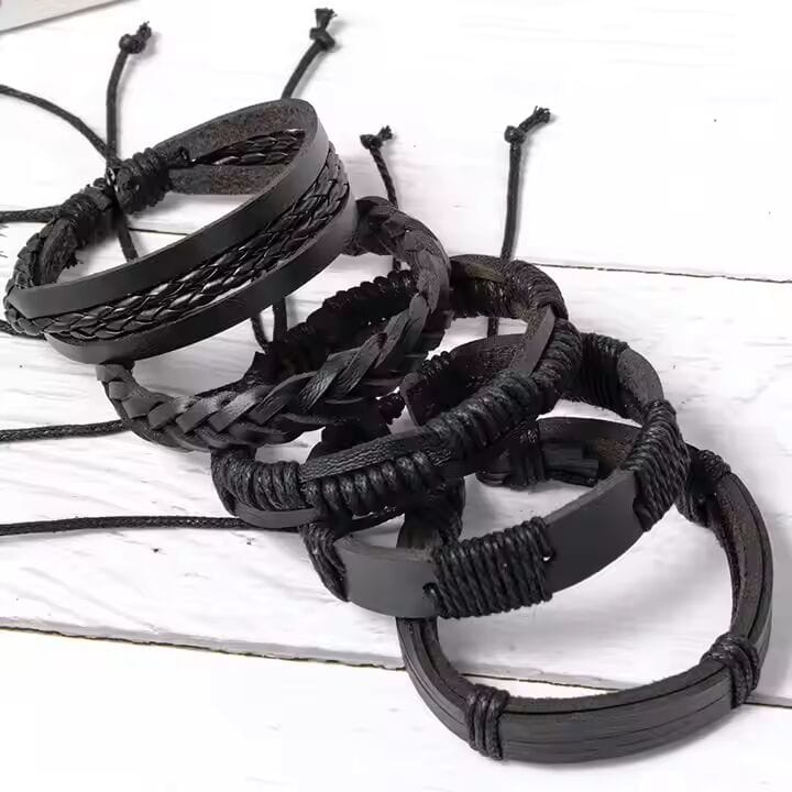 THE MEN THING Leather Bracelet DARK ALPHA -  5 Pcs Genuine Braided Leather Bracelet Set for Men & Boys (8 inch)