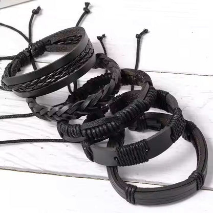 THE MEN THING Leather Bracelet DARK ALPHA -  5 Pcs Genuine Braided Leather Bracelet Set for Men & Boys (8 inch)