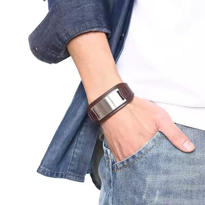 THE MEN THING Leather Bracelet DARKMATTER STRAP SILVER - Genuine Braided Leather Bracelet Set for Men & Boys (8 inch)