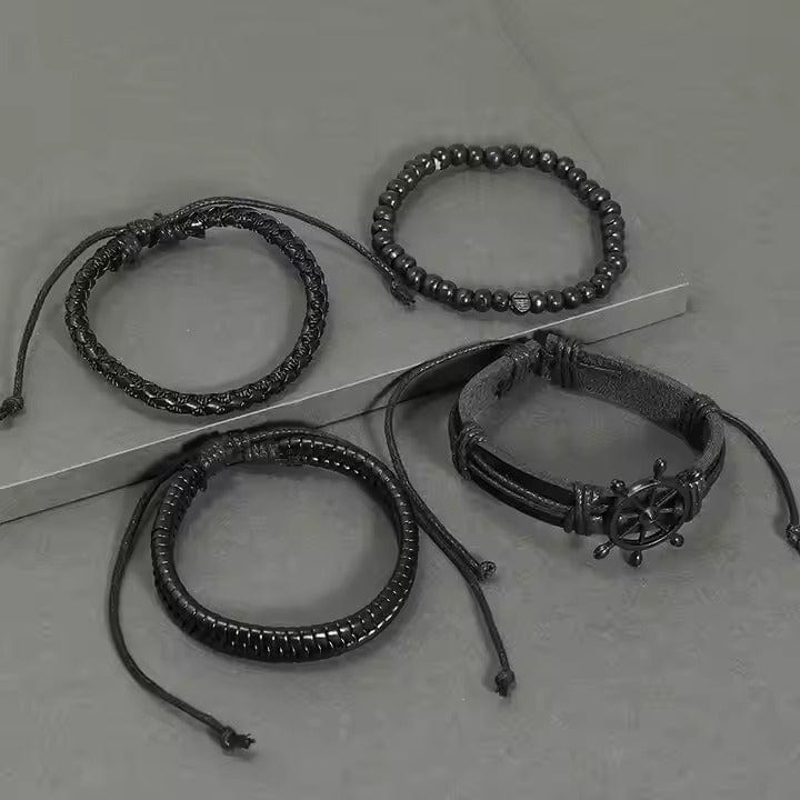 THE MEN THING Leather Bracelet Darkwave Cuff - 4 Pcs Genuine Braided Leather Bracelet Set for Men & Boys (8 inch)