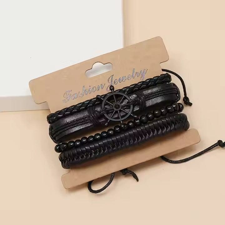 THE MEN THING Leather Bracelet Darkwave Cuff - 4 Pcs Genuine Braided Leather Bracelet Set for Men & Boys (8 inch)