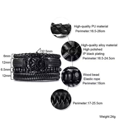 THE MEN THING Leather Bracelet Darkwave Cuff - 4 Pcs Genuine Braided Leather Bracelet Set for Men & Boys (8 inch)