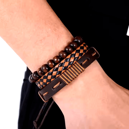 THE MEN THING Leather Bracelet DESERT STORM - 3 Pcs Genuine Braided Leather Bracelet Set for Men & Boys (8 inch)