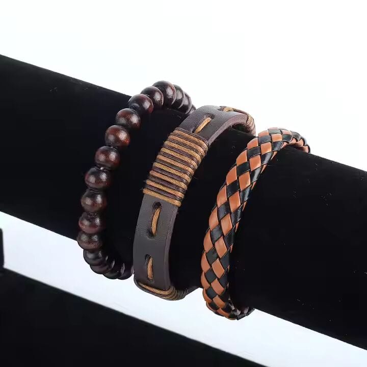 THE MEN THING Leather Bracelet DESERT STORM - 3 Pcs Genuine Braided Leather Bracelet Set for Men & Boys (8 inch)