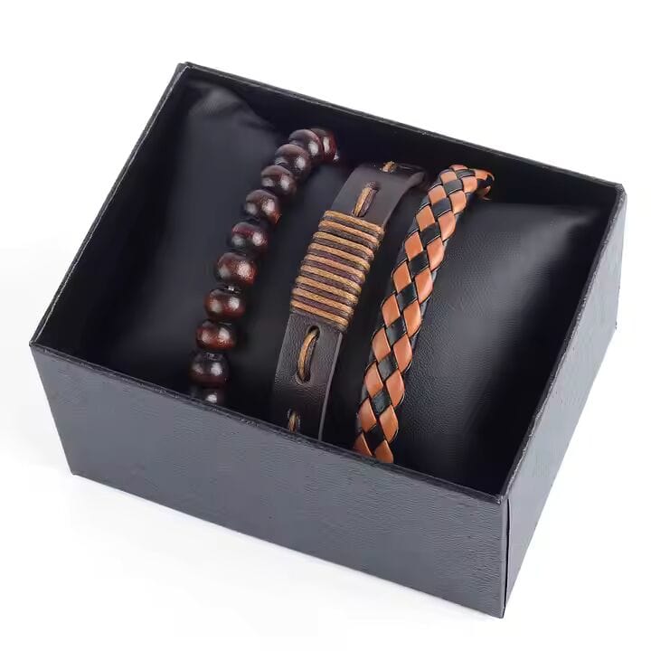 THE MEN THING Leather Bracelet DESERT STORM - 3 Pcs Genuine Braided Leather Bracelet Set for Men & Boys (8 inch)