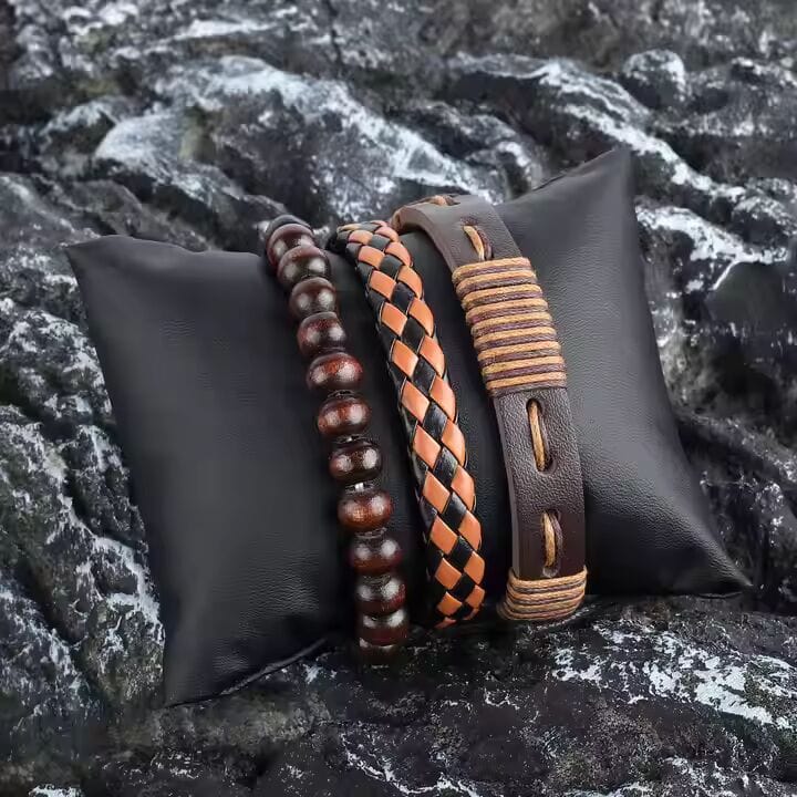 THE MEN THING Leather Bracelet DESERT STORM - 3 Pcs Genuine Braided Leather Bracelet Set for Men & Boys (8 inch)