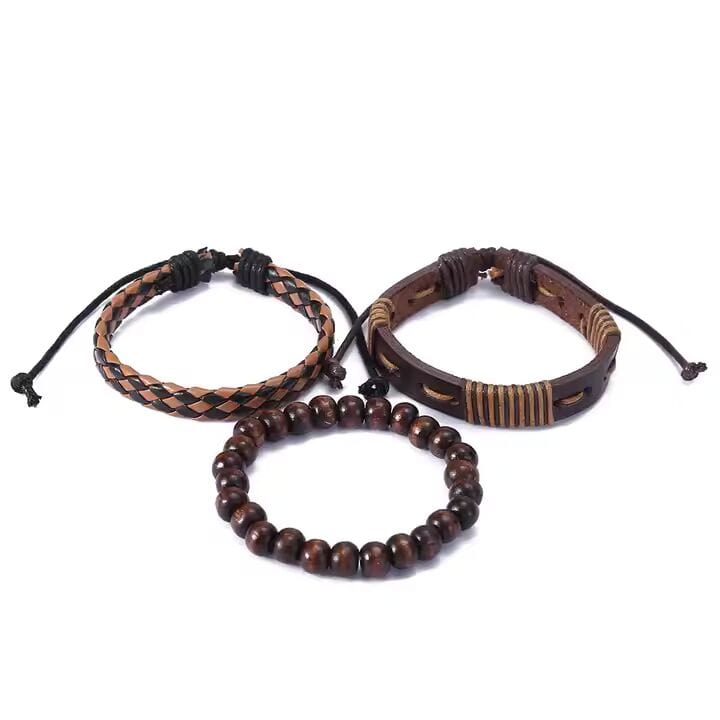 THE MEN THING Leather Bracelet DESERT STORM - 3 Pcs Genuine Braided Leather Bracelet Set for Men & Boys (8 inch)