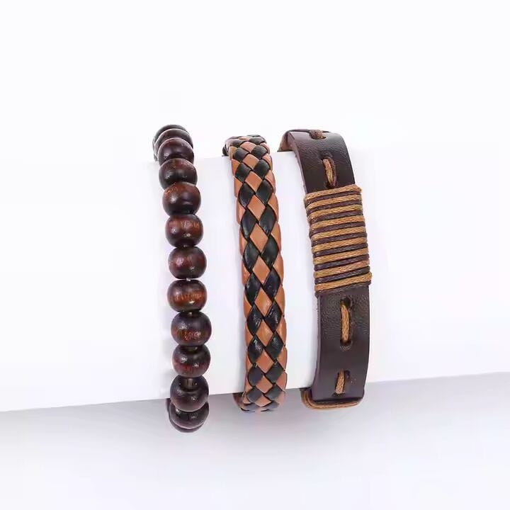 THE MEN THING Leather Bracelet DESERT STORM - 3 Pcs Genuine Braided Leather Bracelet Set for Men & Boys (8 inch)