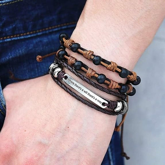 THE MEN THING Leather Bracelet DESTINY WRAP - 2 Pcs Genuine Braided Leather Bracelet Set for Men & Boys (8 inch)