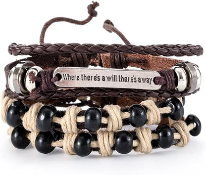 THE MEN THING Leather Bracelet DESTINY WRAP - 2 Pcs Genuine Braided Leather Bracelet Set for Men & Boys (8 inch)