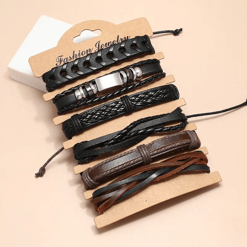 THE MEN THING Leather Bracelet DRIFTWOOD WRAP - 6 Pcs Genuine Braided Leather Bracelet Set for Men & Boys (8 inch)